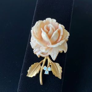 Vintage 3D Large Rose Flower Carved Celluloid Gold Rhinestone Brooch Pin
